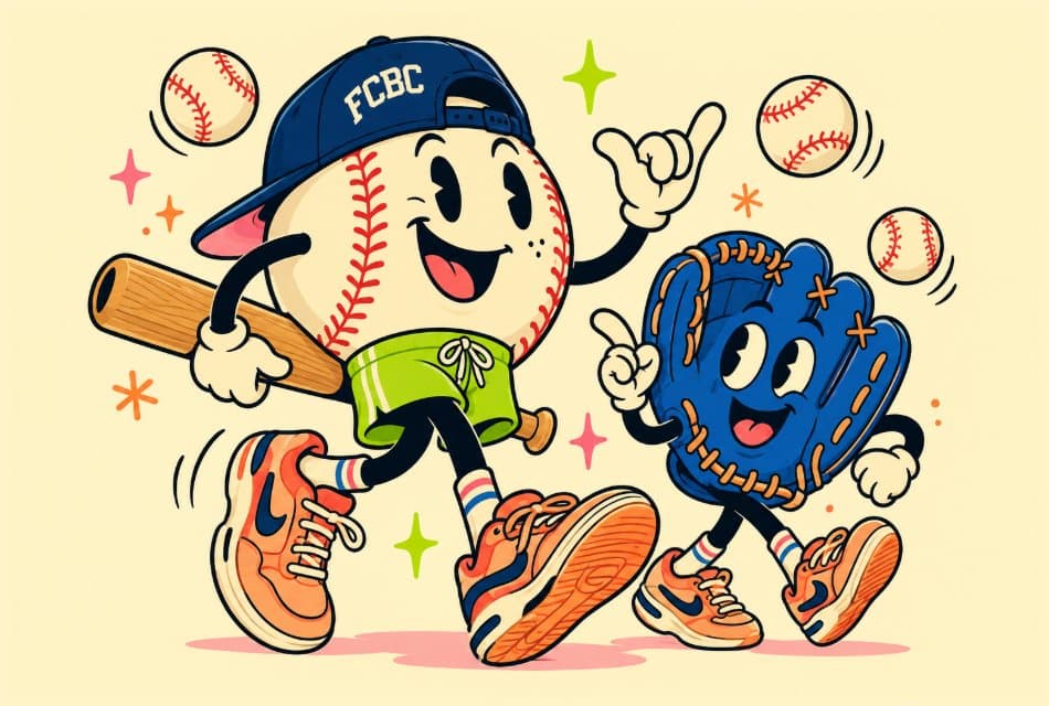 The FCBC baseball and glove mascots walking together